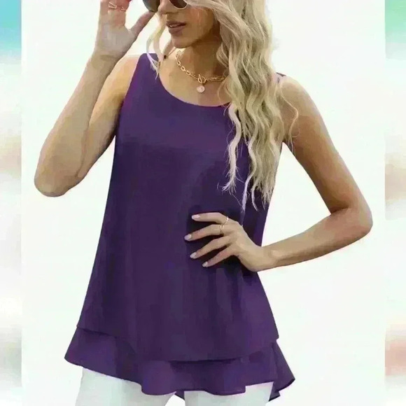 🌴2/$25🌴JOUICA | Women's Purple Sleeveless Chiffon Double Tiered Layered Top - Picture 1 of 8